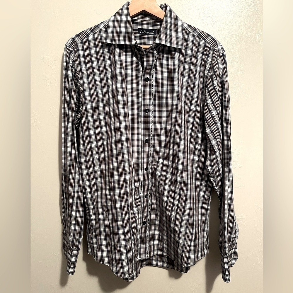 7 Diamonds Plaid Button Up Long Sleeve Shirt 100% Cotton Men's Medium Classic
